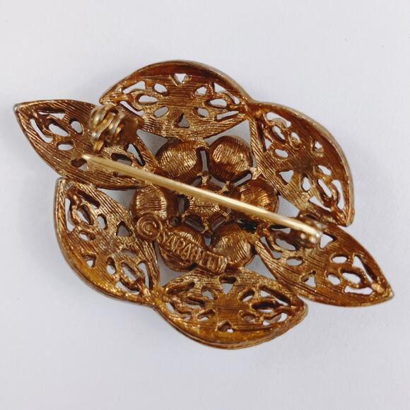 Signed Sarah Coventry Mid Century Gold Tone Brooch Faux Pearls Opal Glass Ornate - Picture 7 of 9